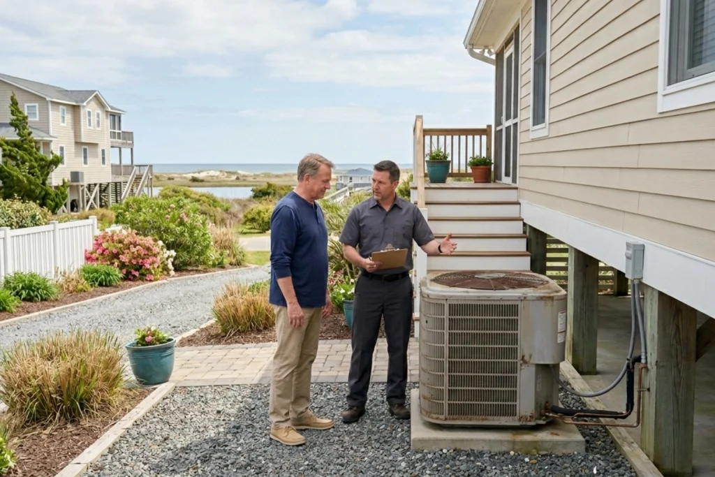 Surf City homeowner discussing spring AC replacement with technician