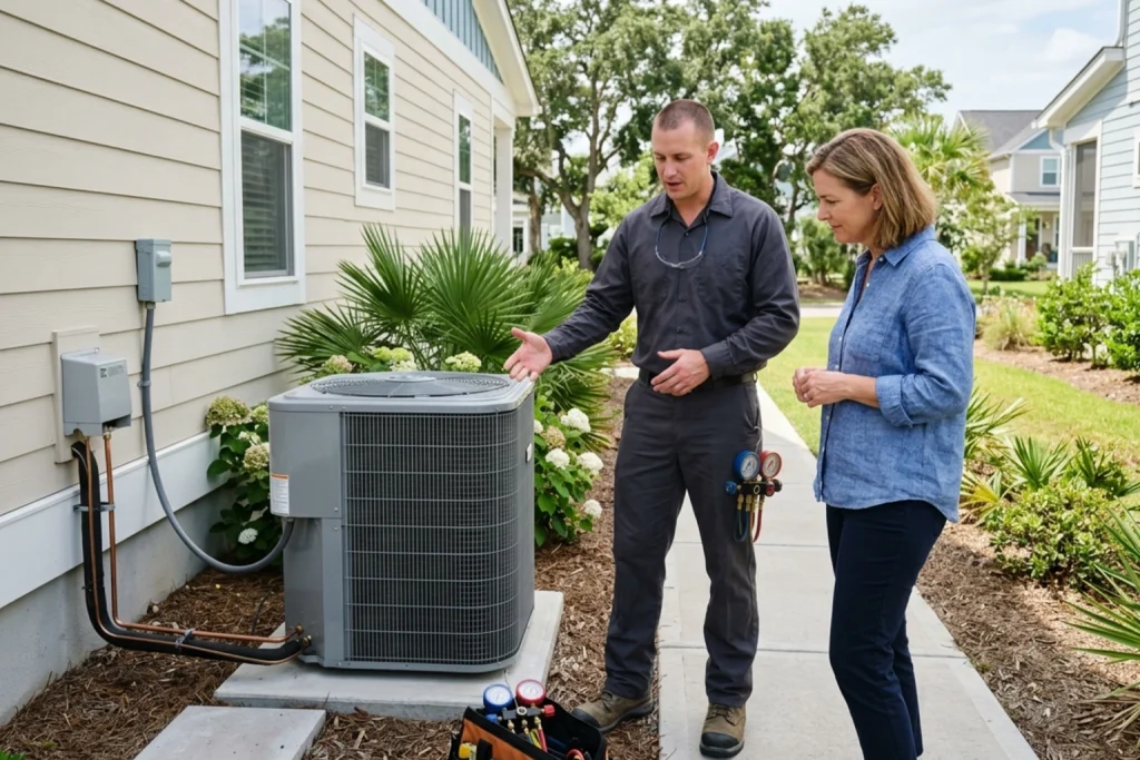 Wilmington homeowner discussing coastal AC sizing with technician