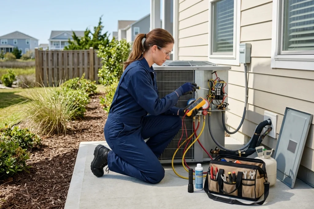 HVAC technician performing spring AC tune-up before summer heat.
