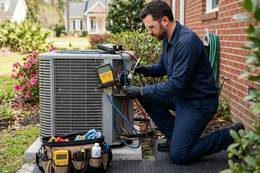 HVAC technician performing pre-season AC deep check before summer