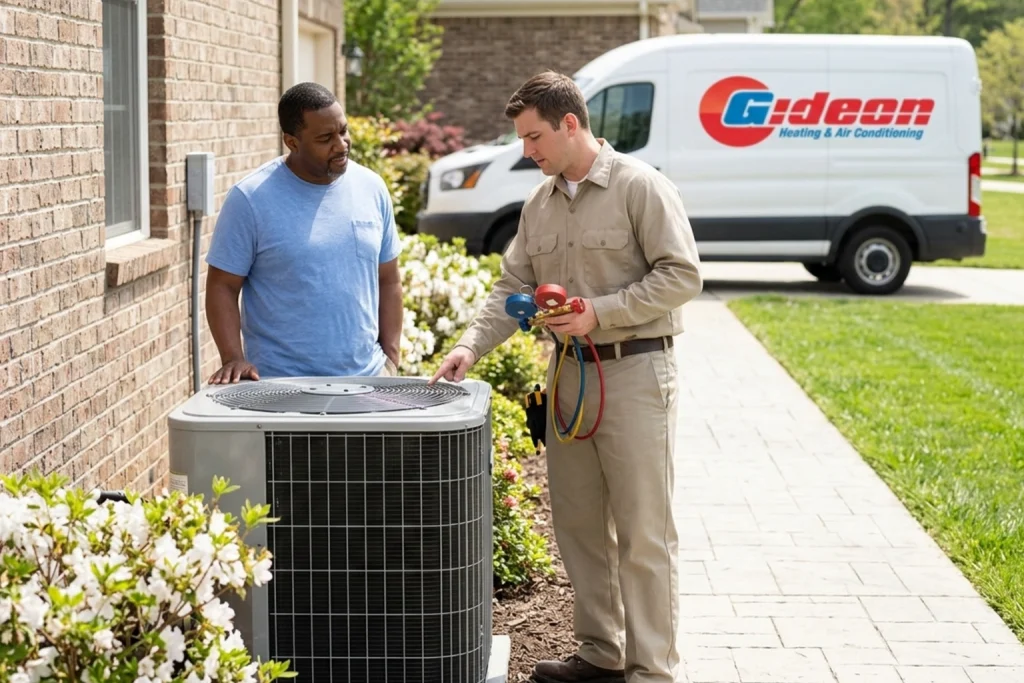 Homeowner discussing spring HVAC maintenance with technician