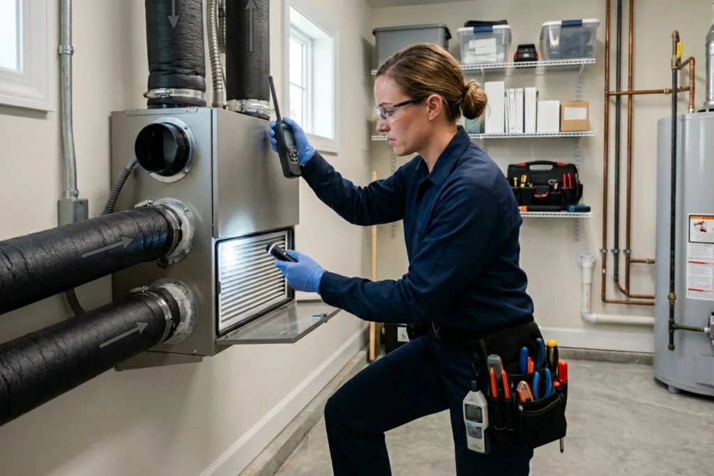 HVAC technician inspecting HRV and ERV ventilation system