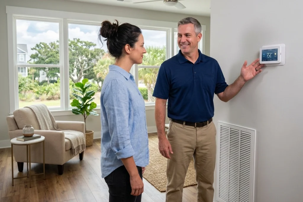 Wilmington homeowner learning about smart AC controls