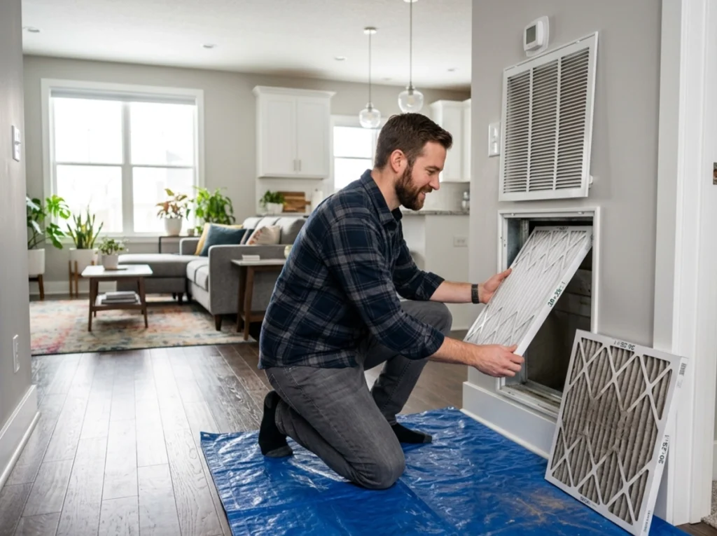 Wallace homeowner replacing a summer HVAC filter during an indoor air quality check