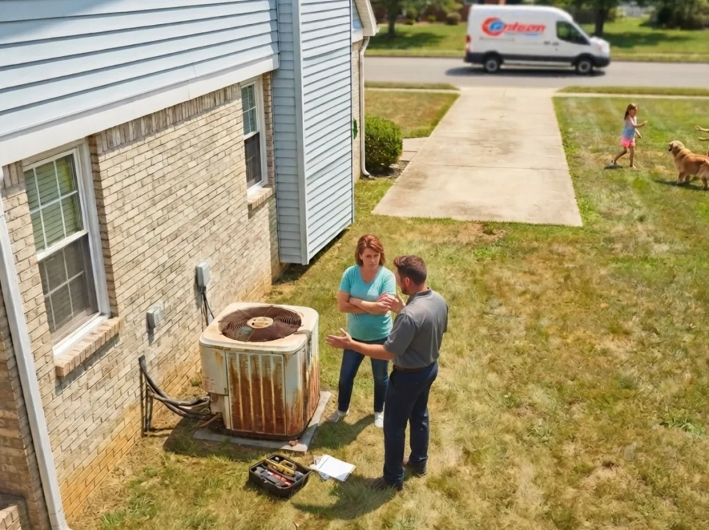 An HVAC technician explaining why a homeowner needs a new AC condenser unit.