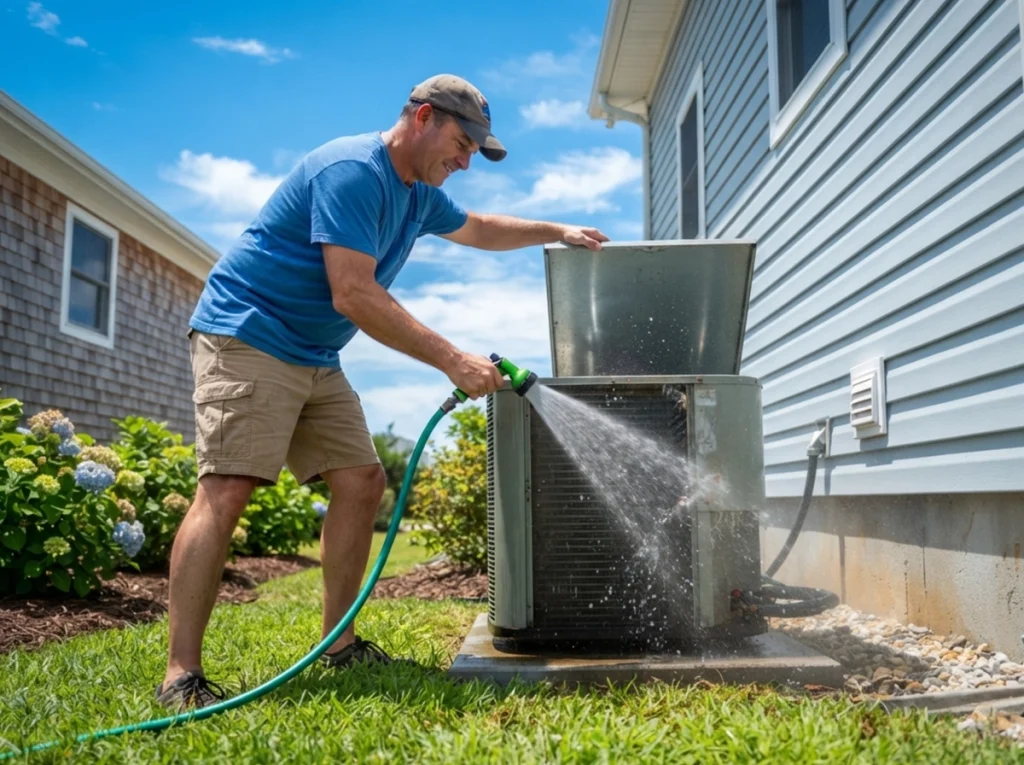 A homeowner cleaning his AC condenser unit.