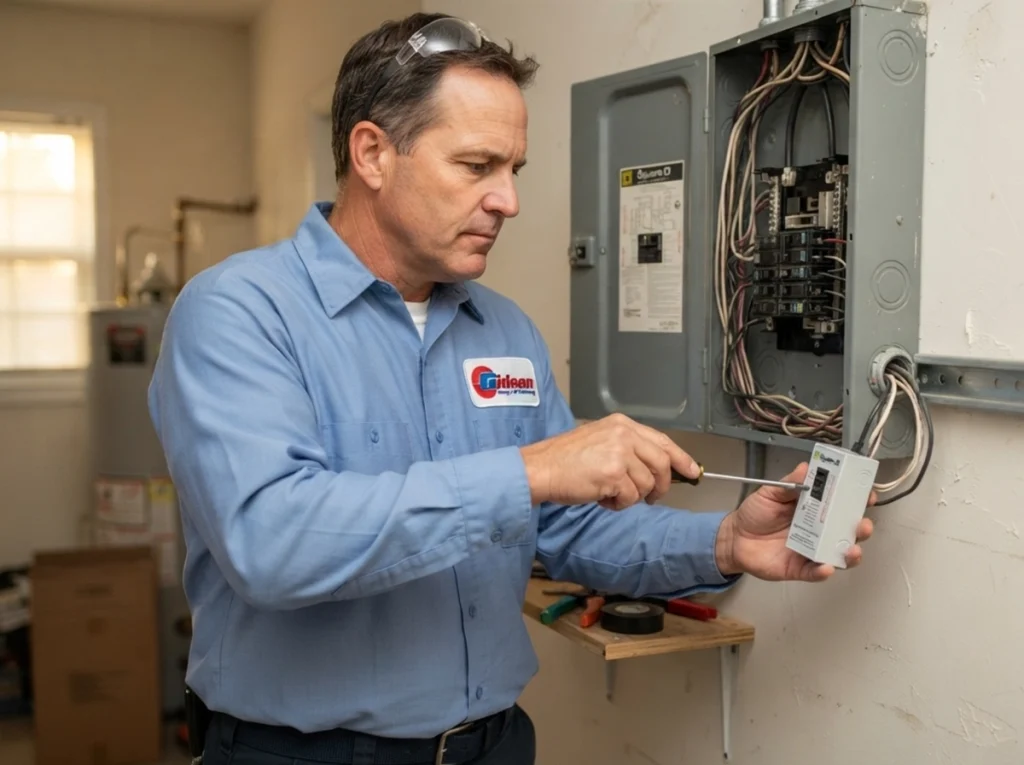 An electrician installing a whole home surge protector.