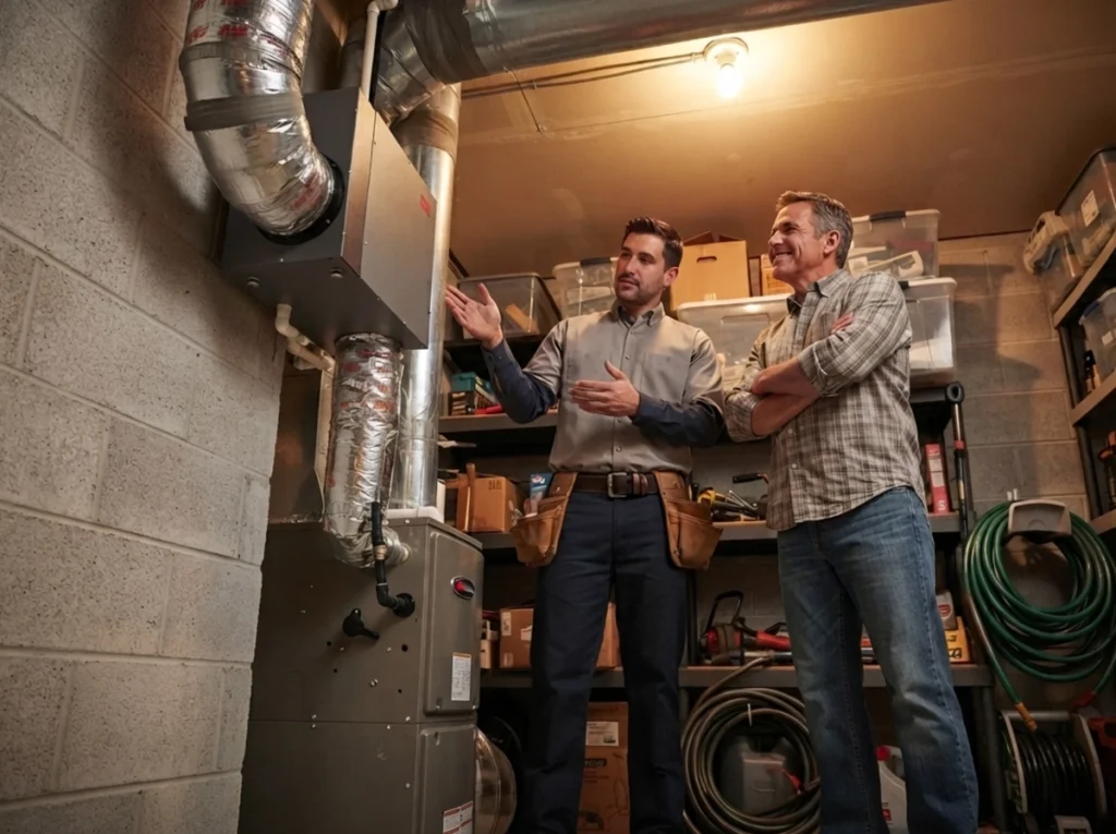 A HVAC technician showing a homeowner an newly installed whole home dehumidifier.