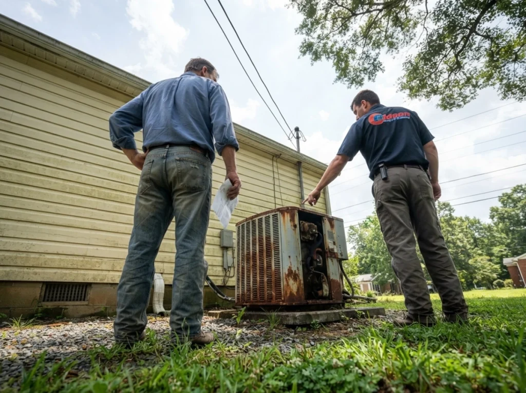 Homeowner technician discussing replacing an old AC condenser unit in Wallace North Carolina