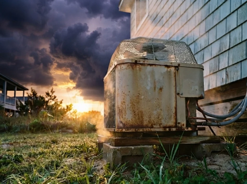 An old AC unit on the side of a home as storm clouds begin to roll in