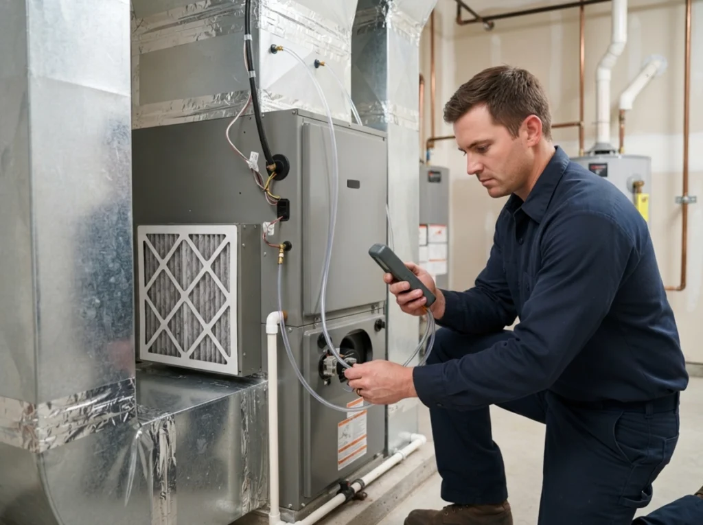 HVAC technician commissioning a variable-speed AC system in Surf City