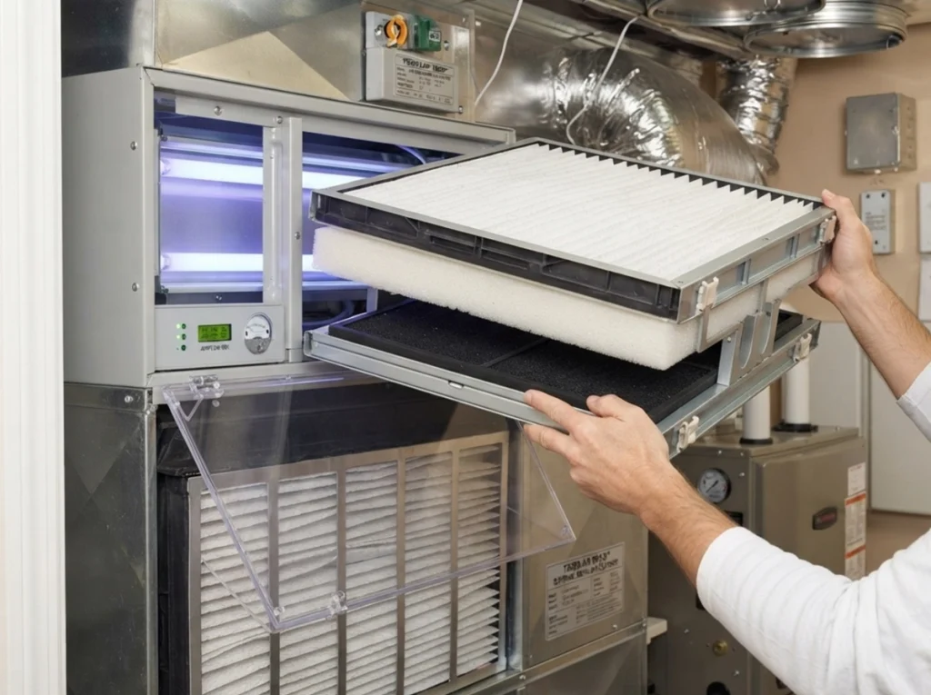 HVAC technician inspecting whole-house filtration and sealed UV purification