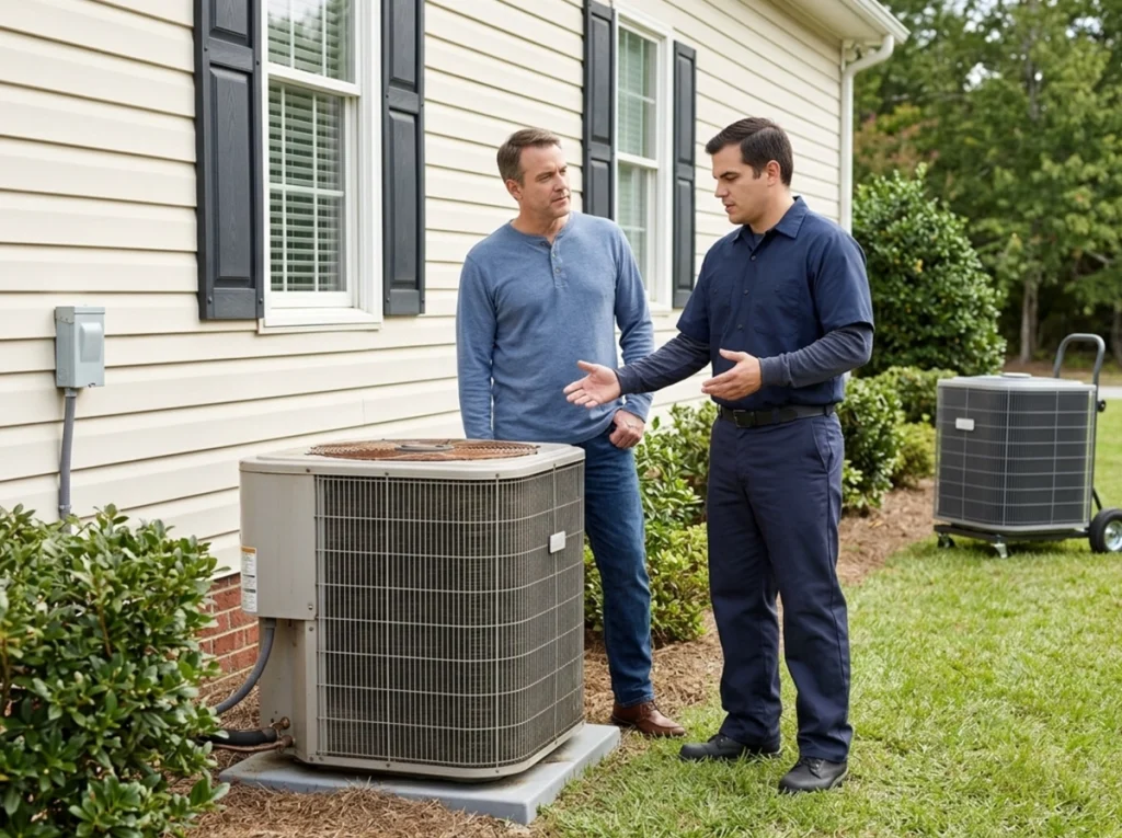Wallace homeowner discussing planned AC replacement with HVAC technician