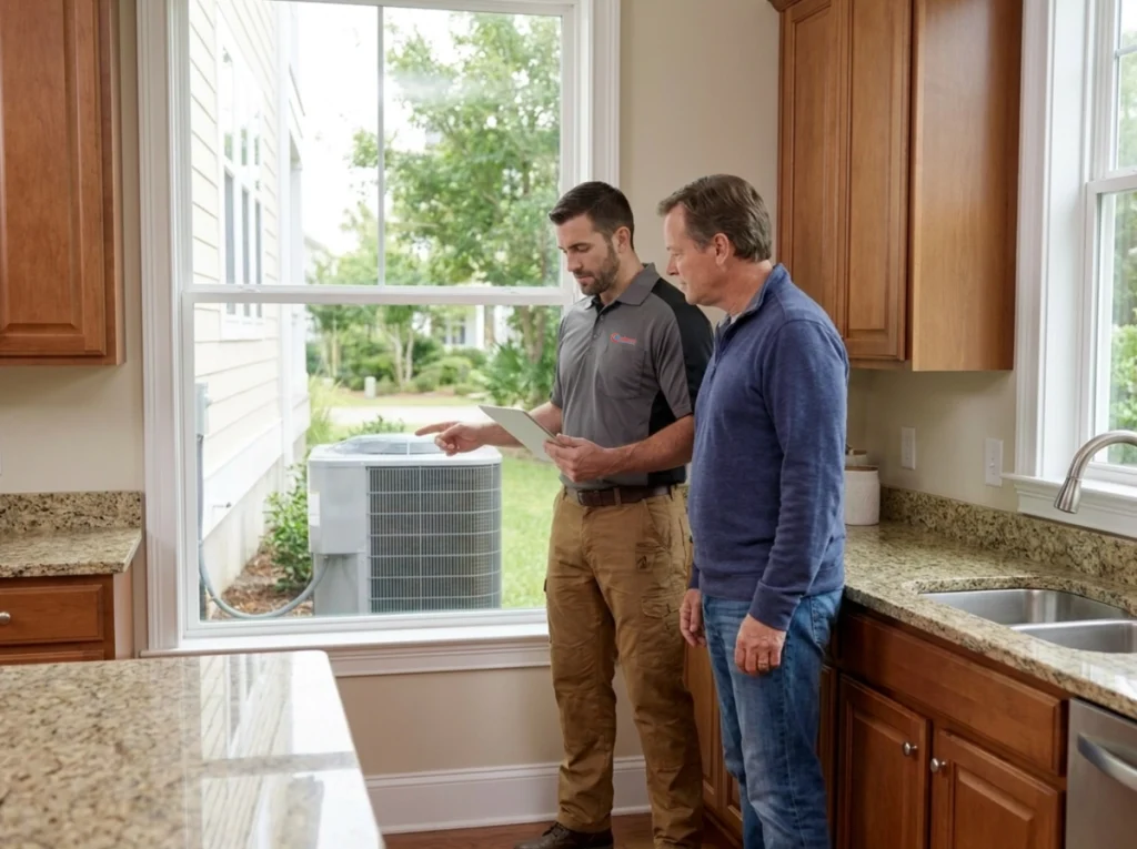 Wilmington homeowner comparing SEER2 air conditioner efficiency with HVAC technician