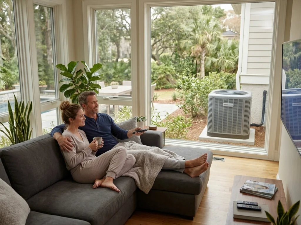 A couple relaxing on the couch in there comfortably air-conditioned home.