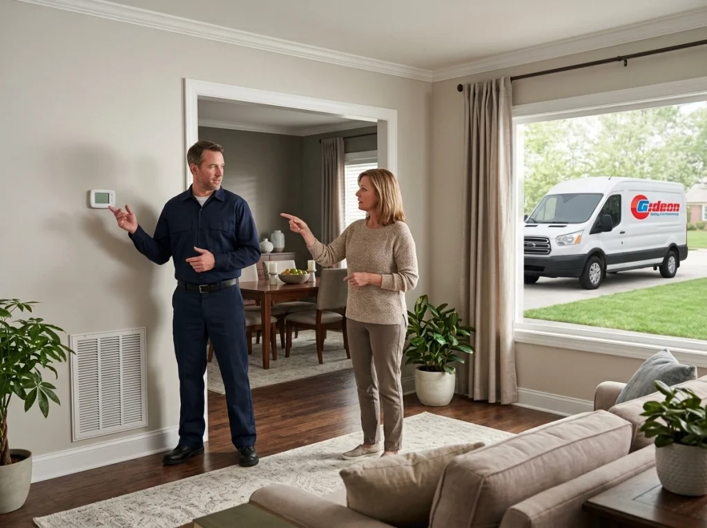 Wallace homeowner discussing hot and cold spots with HVAC technician